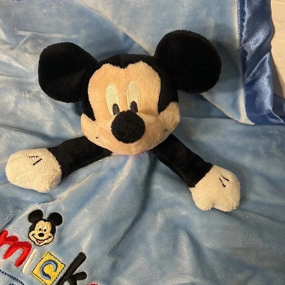 Disney Baby Lovey Security Blanket Plush Rattle Mickey Mouse Blue Car Satin Blue - Picture 3 of 7